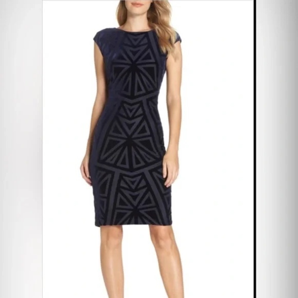 Vince Camuto Navy Velvet Jacquard Sheath Dress